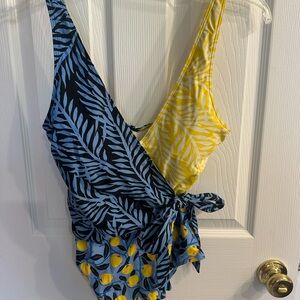 summersalt Blue and Yellow Leaf & Lemon Print One-Piece Swimsuit